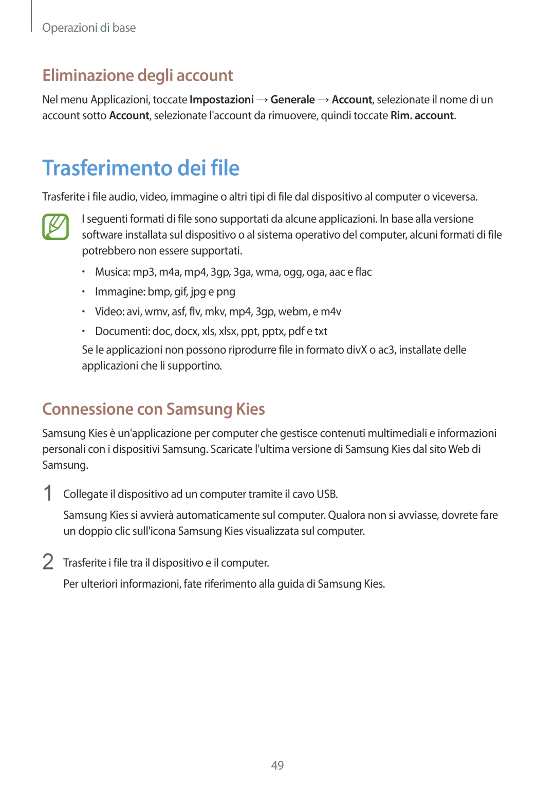 Samsung SM-T325NZWAITV, SM-T325NZWADBT Trasferimento dei file, Eliminazione degli account, Connessione con Samsung Kies 