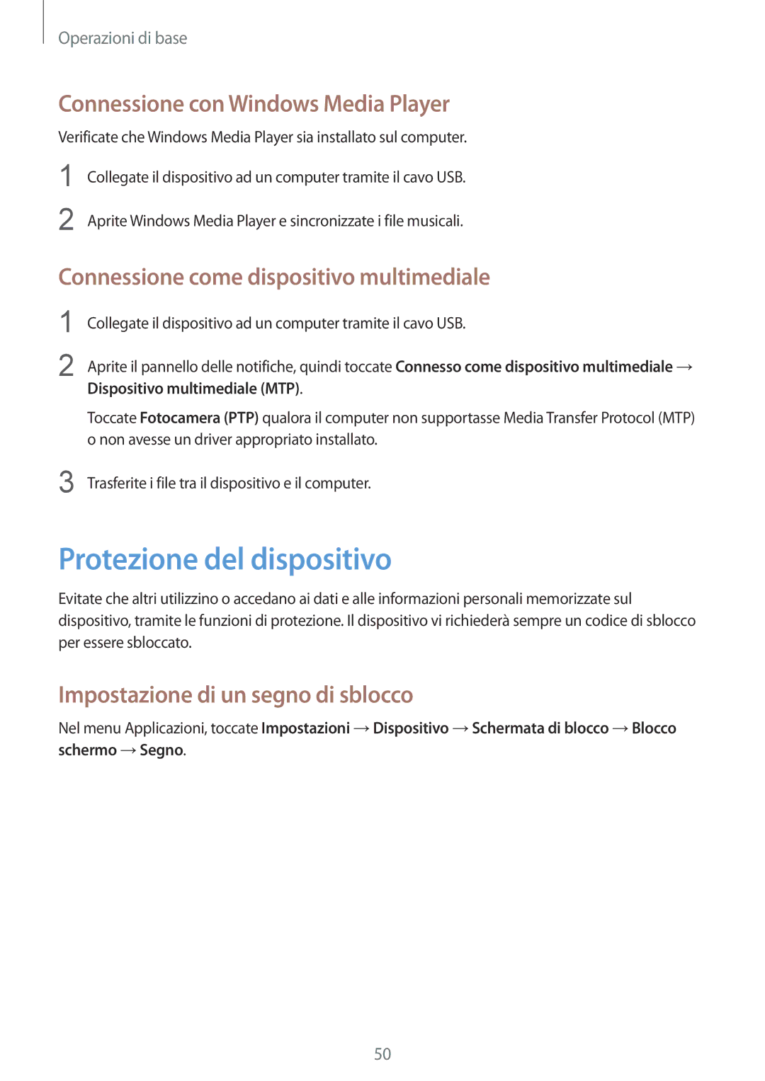 Samsung SM-T325NZWAXEO Protezione del dispositivo, Connessione con Windows Media Player, Dispositivo multimediale MTP 