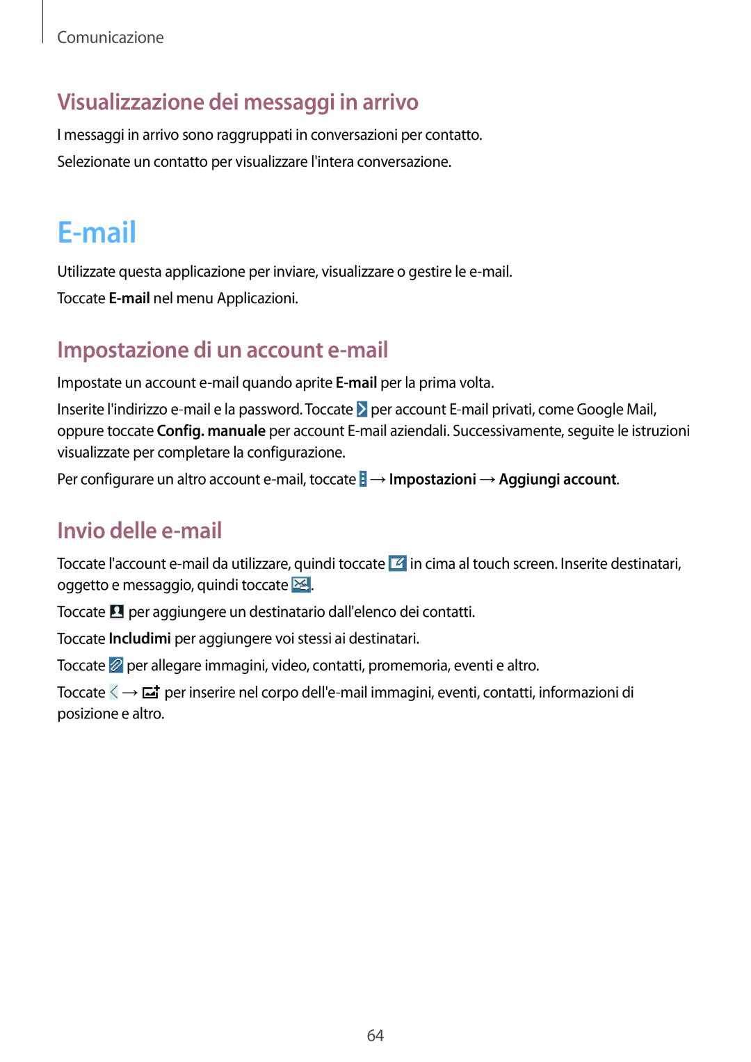 Samsung SM-T325NZWAITV, SM-T325NZWADBT Mail, Visualizzazione dei messaggi in arrivo, Impostazione di un account e-mail 