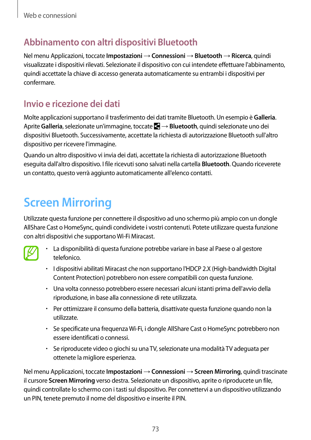 Samsung SM-T325NZWAITV manual Screen Mirroring, Abbinamento con altri dispositivi Bluetooth, Invio e ricezione dei dati 