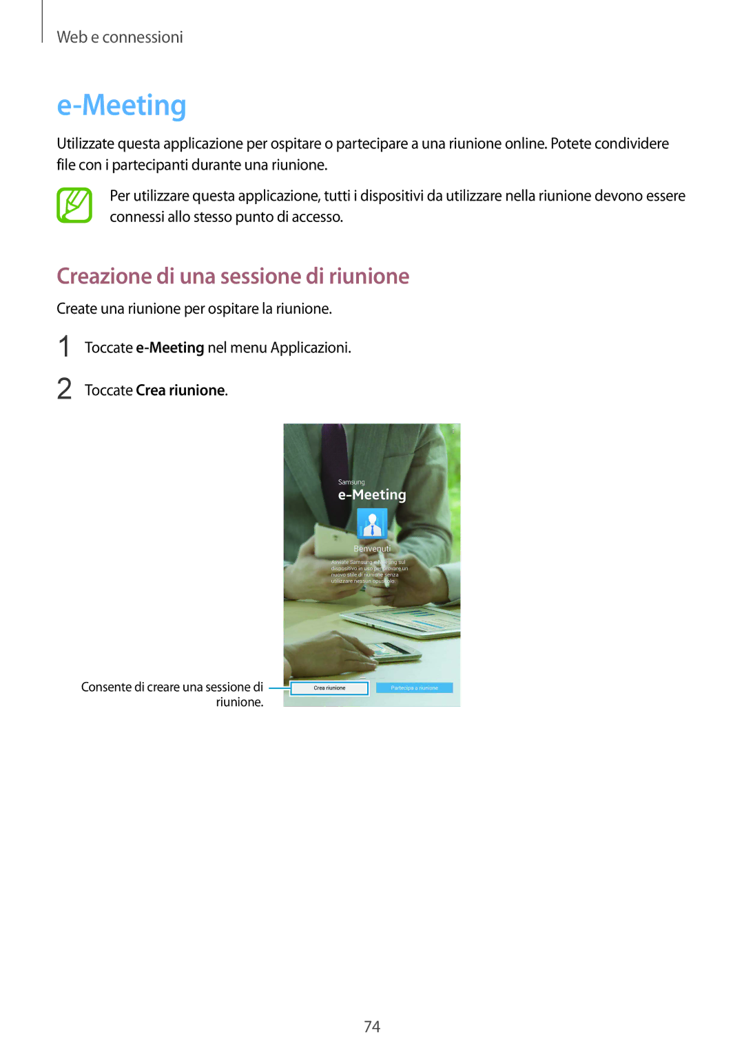 Samsung SM-T325NZWAXEO, SM-T325NZWADBT manual Meeting, Creazione di una sessione di riunione, Toccate Crea riunione 