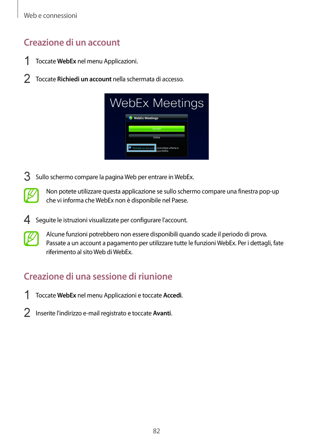 Samsung SM-T325NZWAITV, SM-T325NZWADBT, SM-T325NZWAXEO manual Creazione di un account, Creazione di una sessione di riunione 