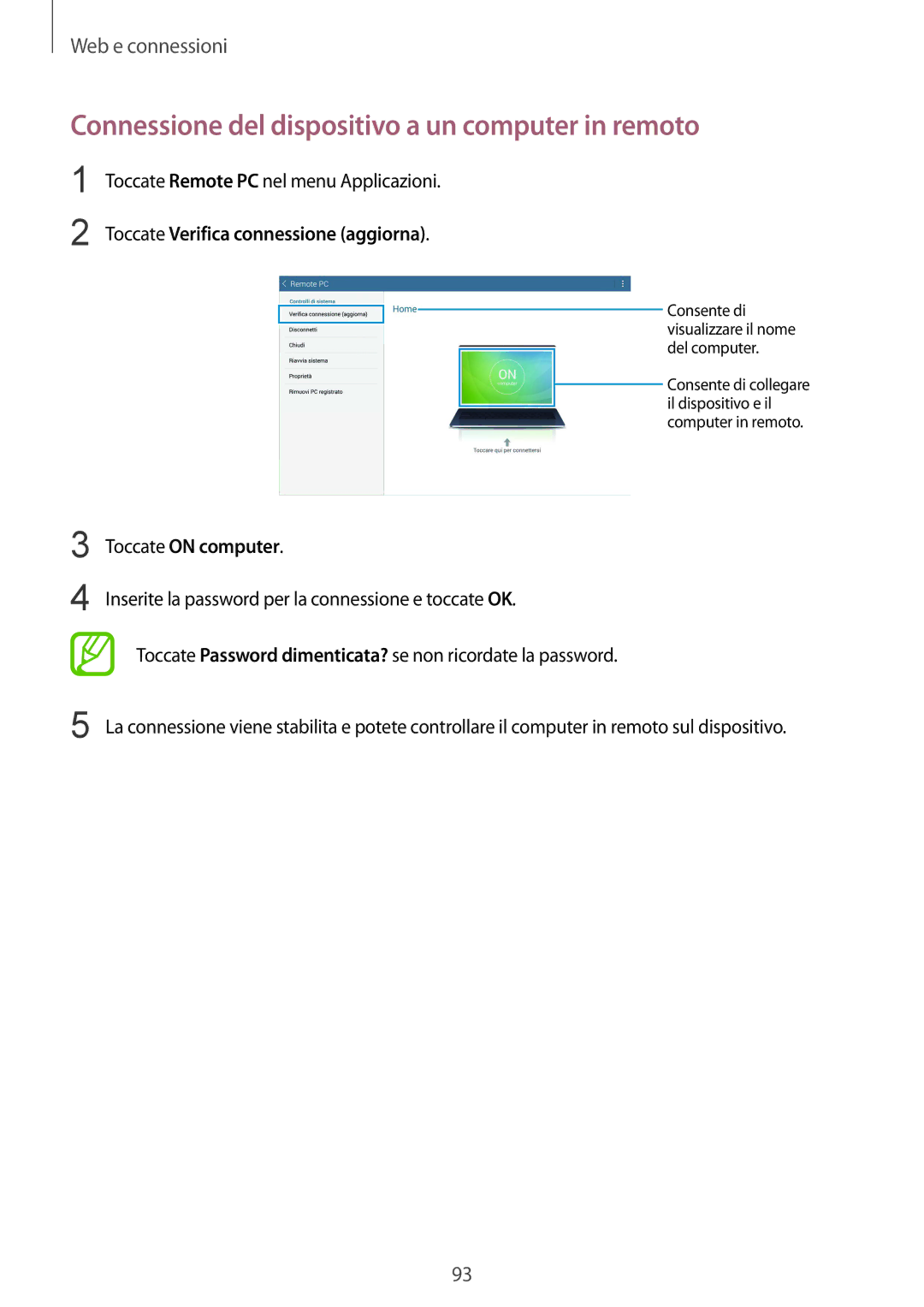 Samsung SM-T325NZWADBT manual Connessione del dispositivo a un computer in remoto, Toccate Verifica connessione aggiorna 