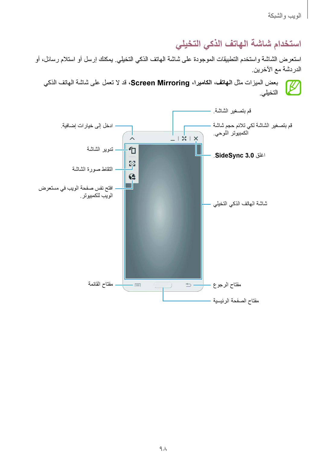 Samsung SM-T325NZWAXSG, SM-T325NZWAEGY, SM-T325NZKAKSA, SM-T325NZKAEGY, SM-T325NZWAKSA manual يليختلا يكذلا فتاهلا ةشاش مادختسا 