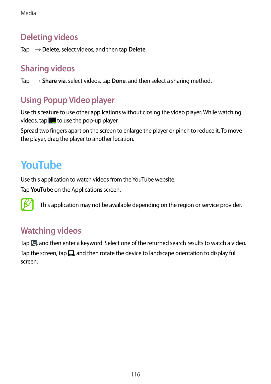 Samsung SM-T325NZKAKSA, SM-T325NZWAEGY YouTube, Deleting videos, Sharing videos, Using Popup Video player, Watching videos 