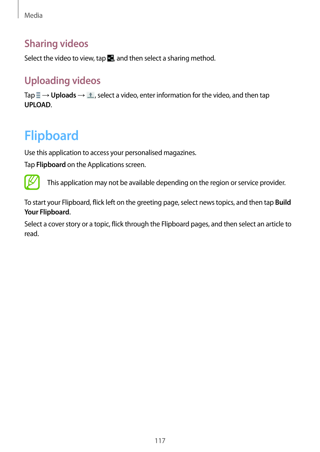 Samsung SM-T325NZKAEGY, SM-T325NZWAEGY, SM-T325NZKAKSA, SM-T325NZWAXSG, SM-T325NZWAKSA manual Flipboard, Uploading videos 