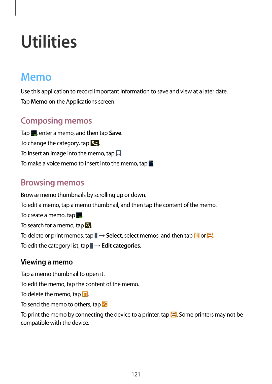 Samsung SM-T325NZKAKSA, SM-T325NZWAEGY, SM-T325NZKAEGY Utilities, Memo, Composing memos, Browsing memos, Viewing a memo 