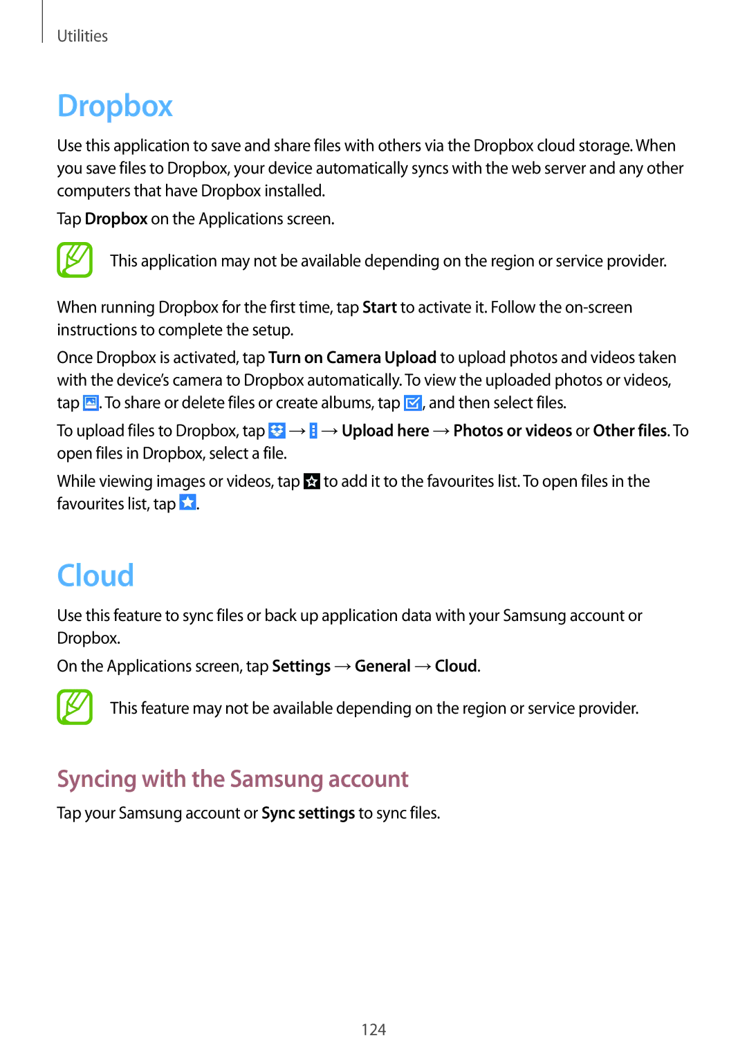 Samsung SM-T325NZWAKSA, SM-T325NZWAEGY, SM-T325NZKAKSA, SM-T325NZKAEGY manual Dropbox, Cloud, Syncing with the Samsung account 