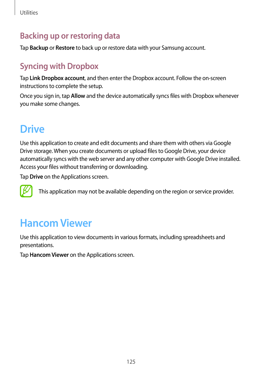 Samsung SM-T325NZWAEGY, SM-T325NZKAKSA manual Drive, Hancom Viewer, Backing up or restoring data, Syncing with Dropbox 