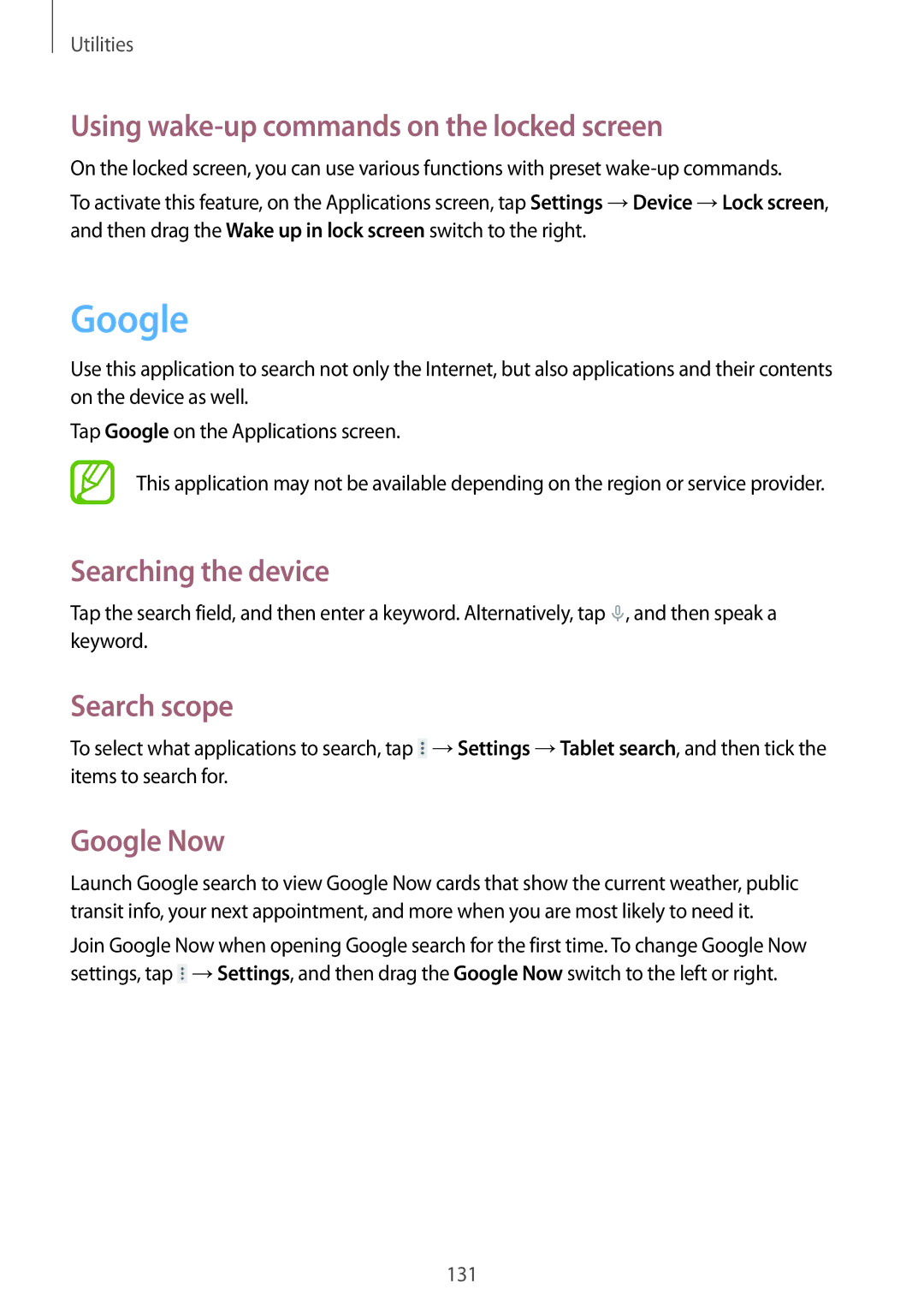 Samsung SM-T325NZKAKSA Using wake-up commands on the locked screen, Searching the device, Search scope, Google Now 