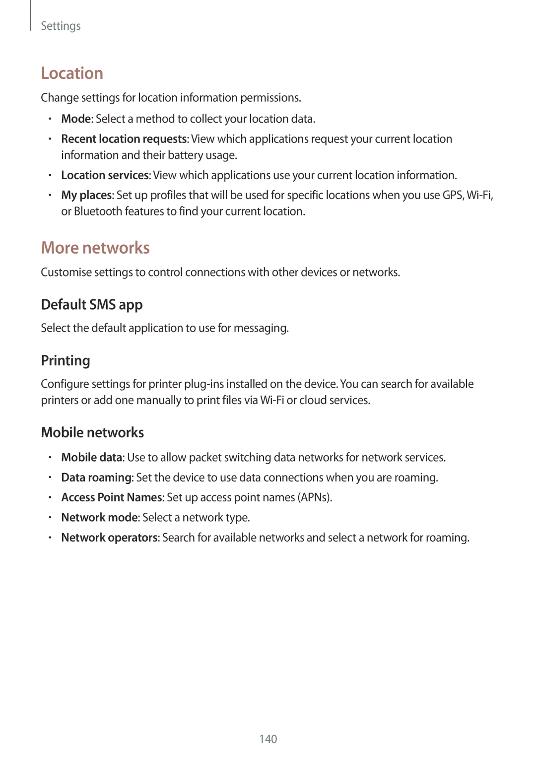 Samsung SM-T325NZWAEGY, SM-T325NZKAKSA, SM-T325NZKAEGY Location, More networks, Default SMS app, Printing, Mobile networks 