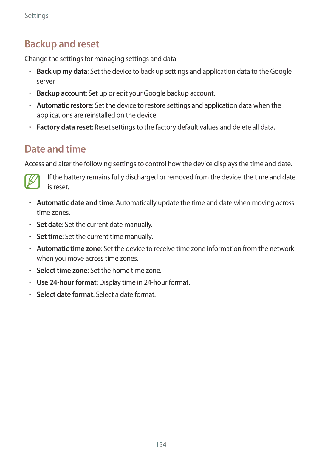 Samsung SM-T325NZWAKSA, SM-T325NZWAEGY, SM-T325NZKAKSA, SM-T325NZKAEGY, SM-T325NZWAXSG manual Backup and reset, Date and time 