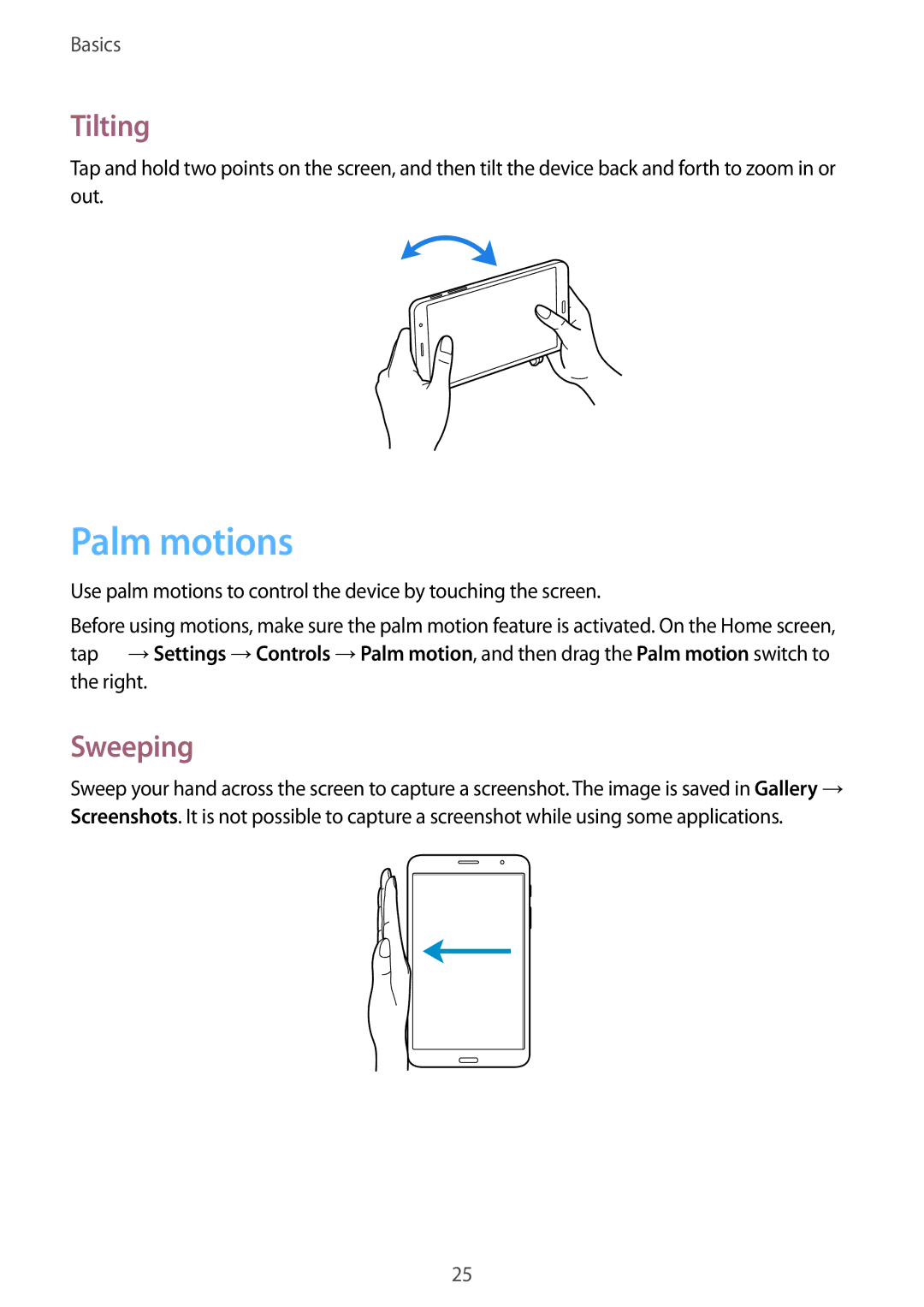 Samsung SM-T325NZWAEGY, SM-T325NZKAKSA, SM-T325NZKAEGY, SM-T325NZWAXSG, SM-T325NZWAKSA manual Palm motions, Tilting, Sweeping 