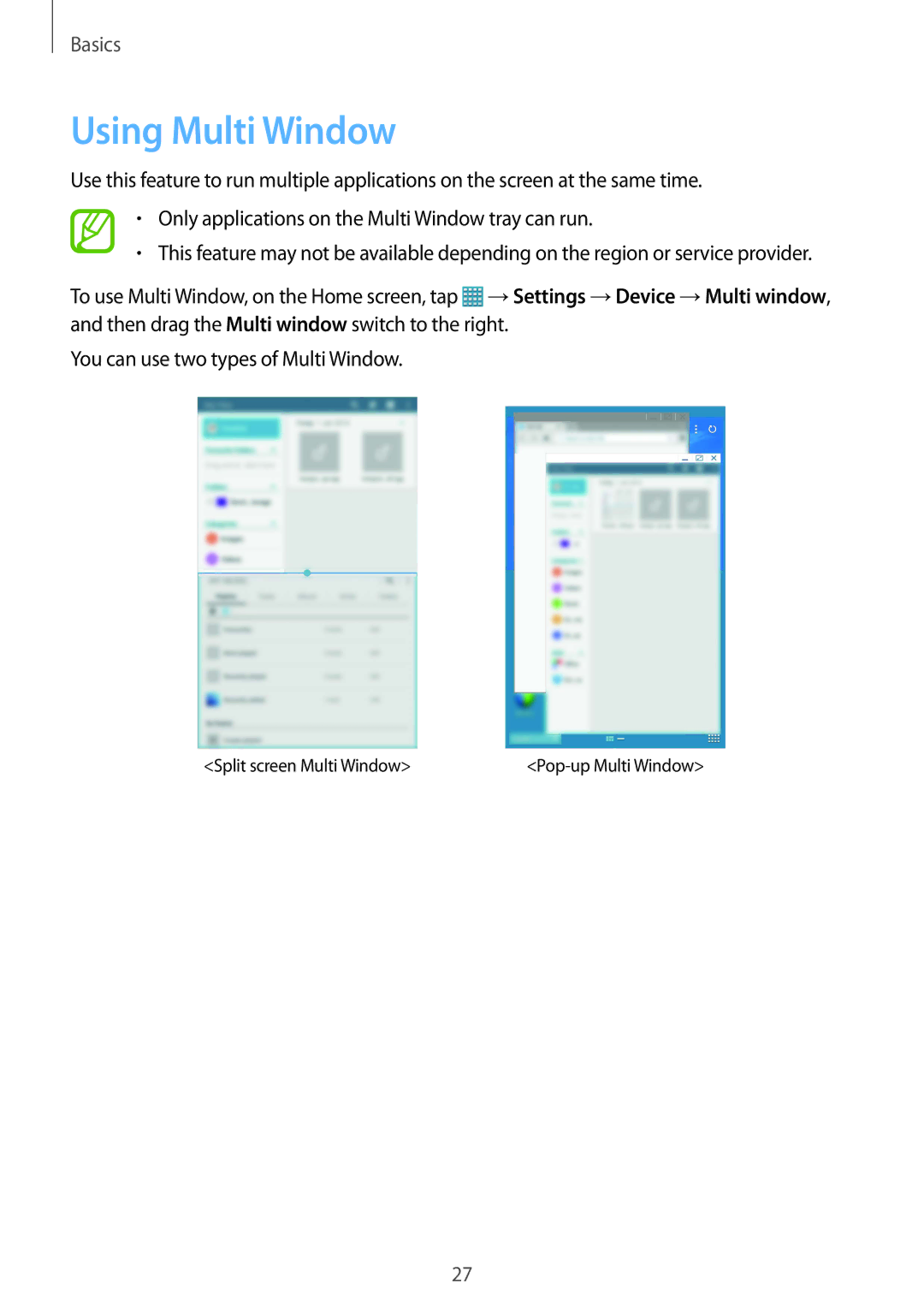 Samsung SM-T325NZKAEGY, SM-T325NZWAEGY, SM-T325NZKAKSA, SM-T325NZWAXSG, SM-T325NZWAKSA manual Using Multi Window 