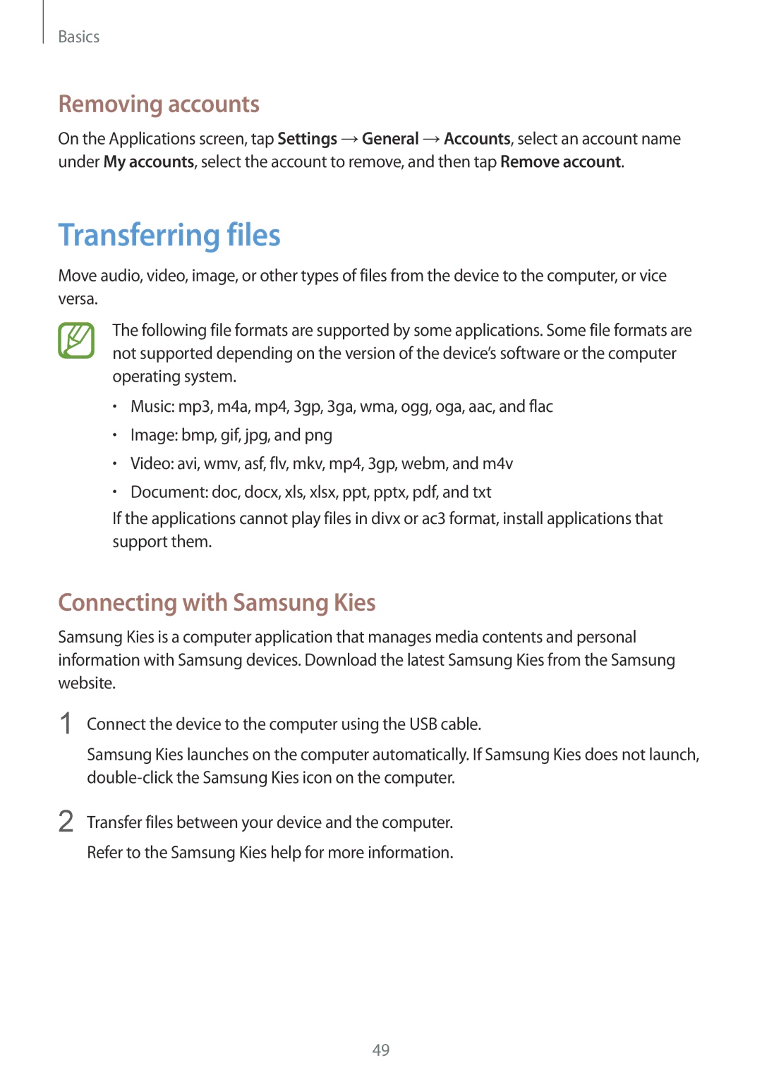 Samsung SM-T325NZWAKSA, SM-T325NZWAEGY, SM-T325NZKAKSA Transferring files, Removing accounts, Connecting with Samsung Kies 