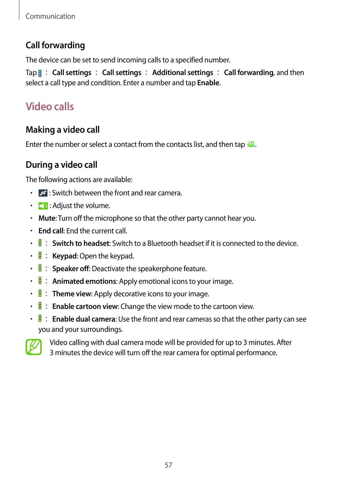 Samsung SM-T325NZKAEGY, SM-T325NZWAEGY manual Video calls, Call forwarding, Making a video call, During a video call 