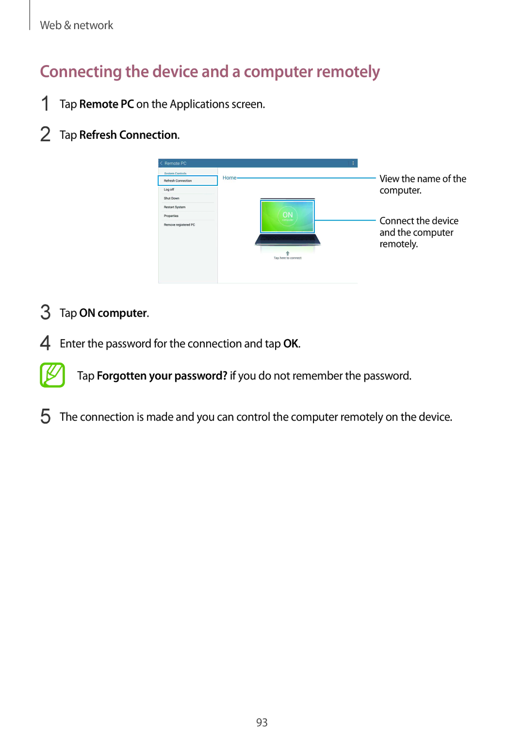 Samsung SM-T325NZWAXSG manual Connecting the device and a computer remotely, Tap Refresh Connection, Tap on computer 