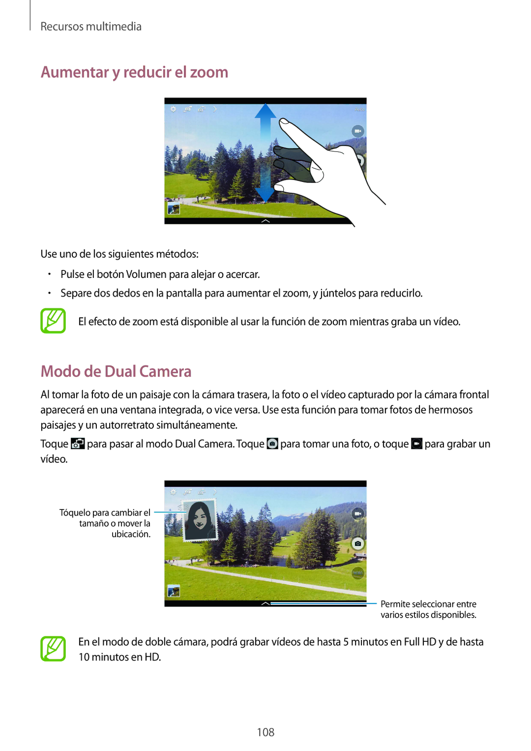 Samsung SM-T325NZWAPHE, SM-T325NZKAPHE manual Aumentar y reducir el zoom, Modo de Dual Camera 