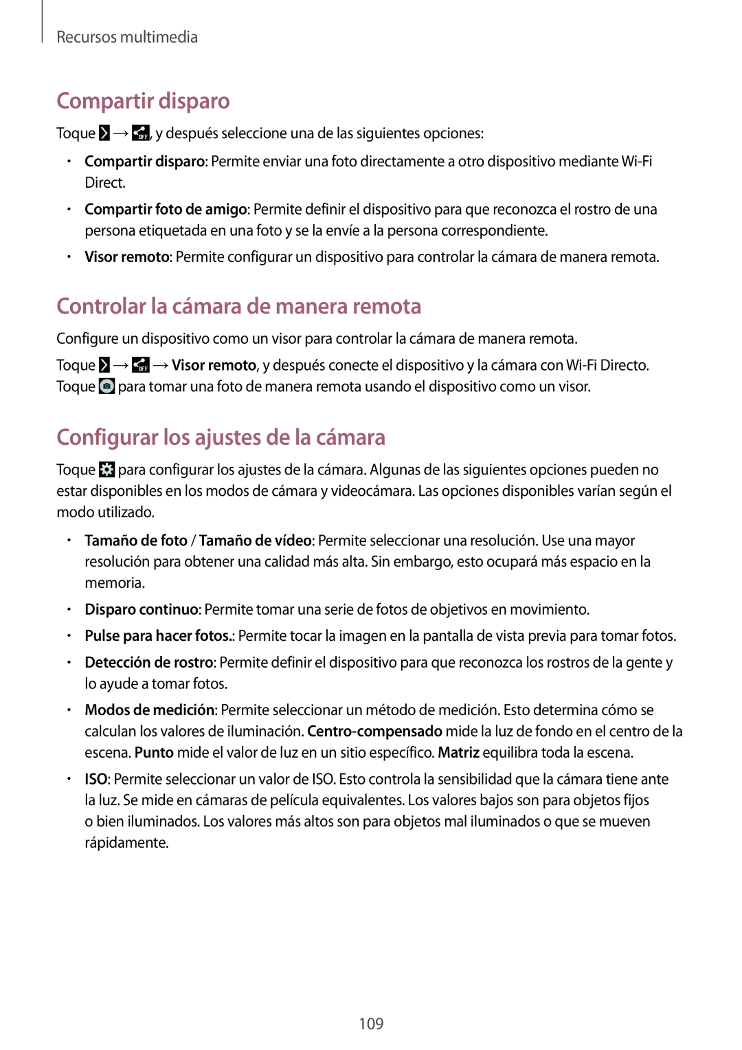 Samsung SM-T325NZKAPHE manual Compartir disparo, Controlar la cámara de manera remota, Configurar los ajustes de la cámara 