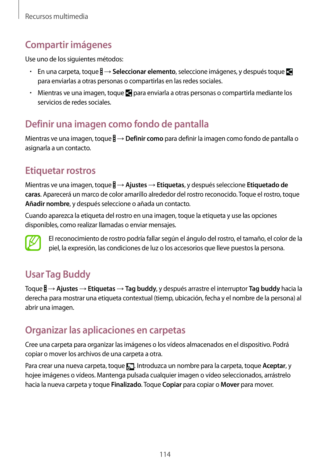 Samsung SM-T325NZWAPHE Compartir imágenes, Definir una imagen como fondo de pantalla, Etiquetar rostros, Usar Tag Buddy 