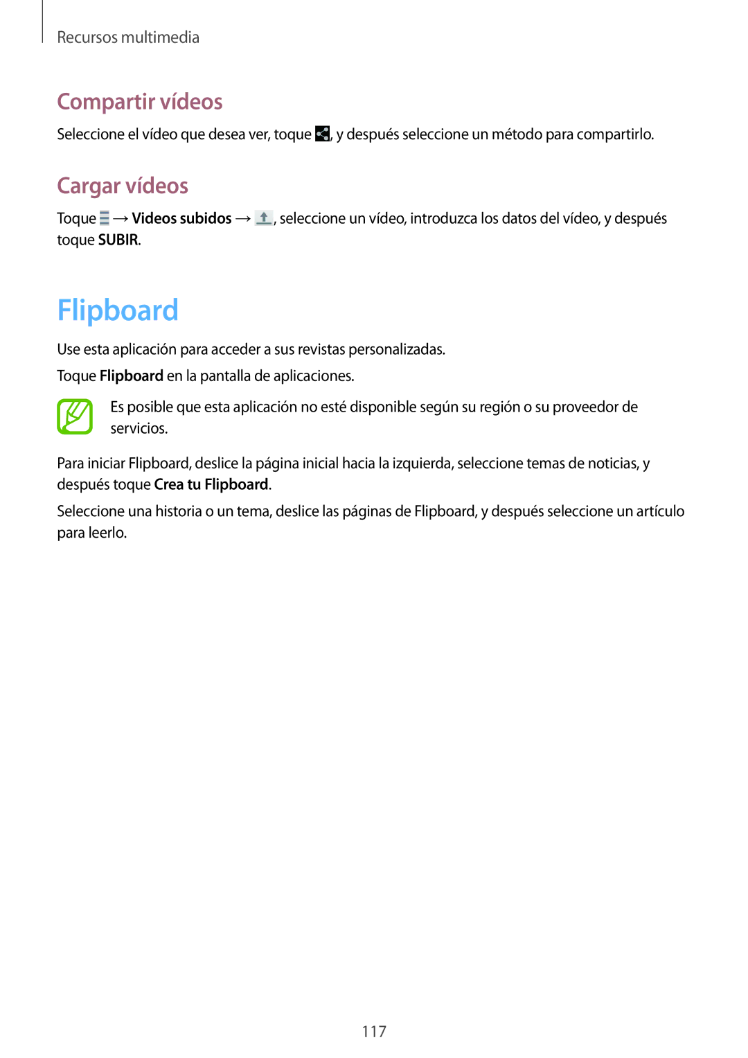 Samsung SM-T325NZKAPHE, SM-T325NZWAPHE manual Flipboard, Cargar vídeos 