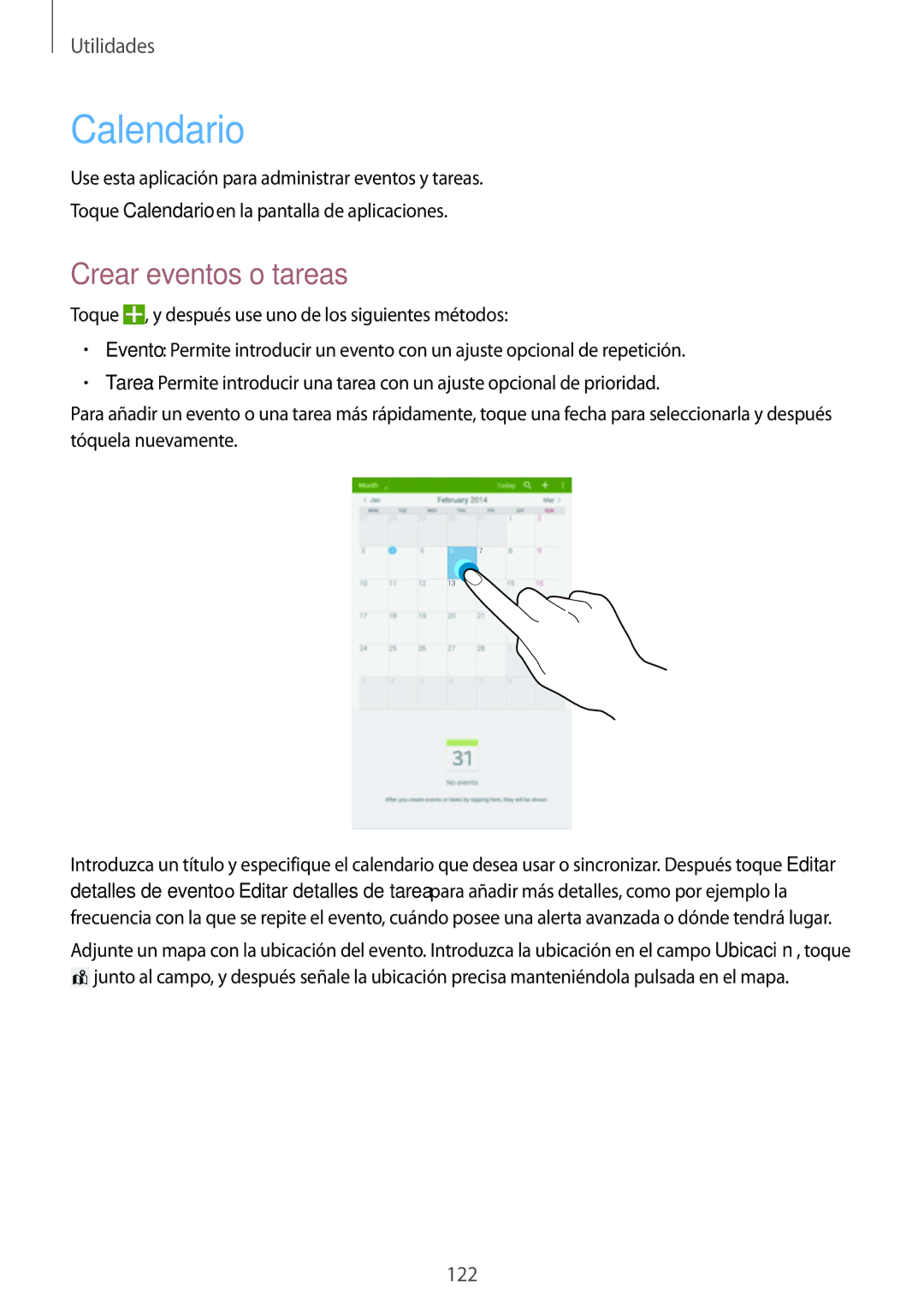 Samsung SM-T325NZWAPHE, SM-T325NZKAPHE manual Calendario, Crear eventos o tareas 