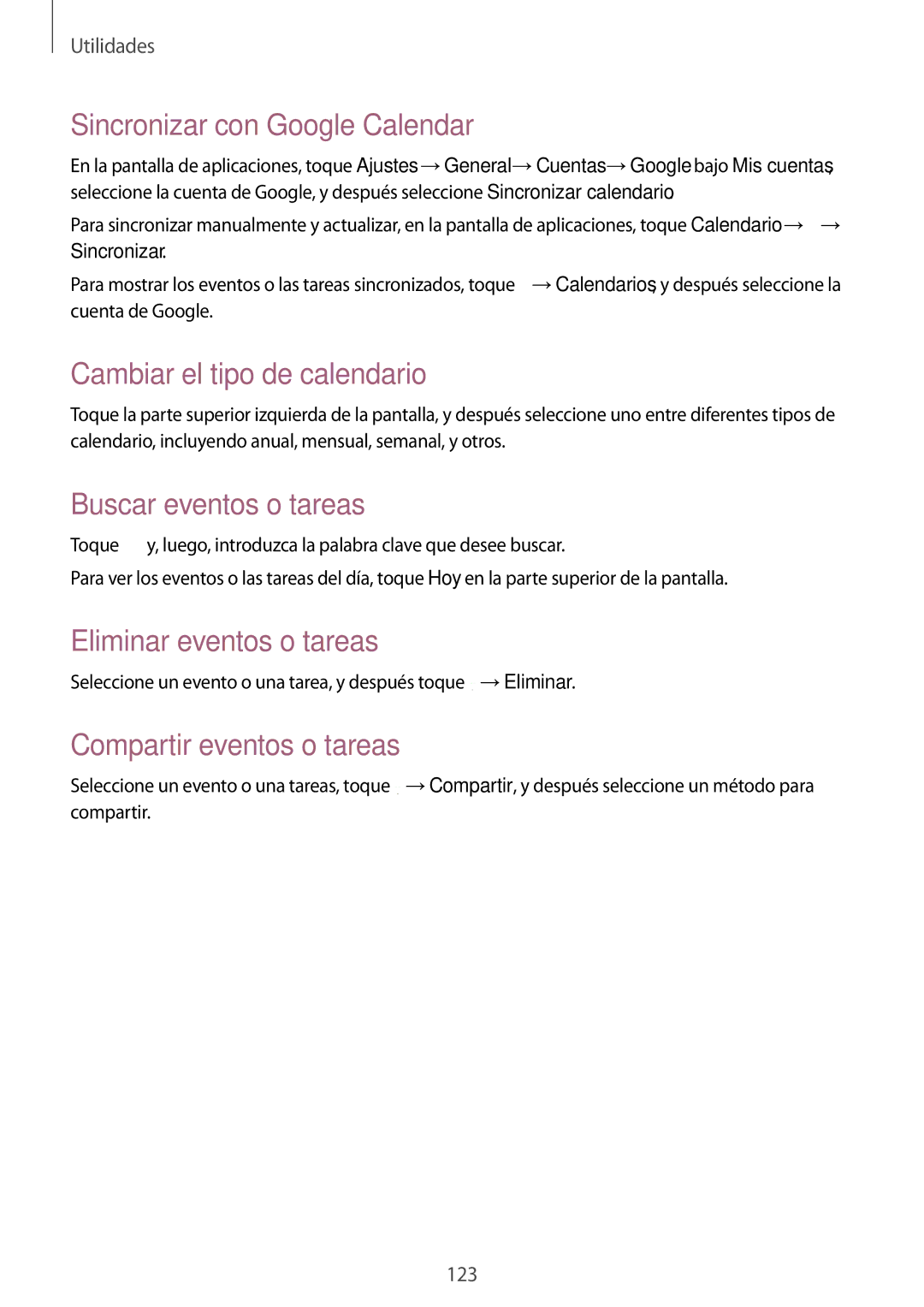 Samsung SM-T325NZKAPHE manual Sincronizar con Google Calendar, Cambiar el tipo de calendario, Buscar eventos o tareas 