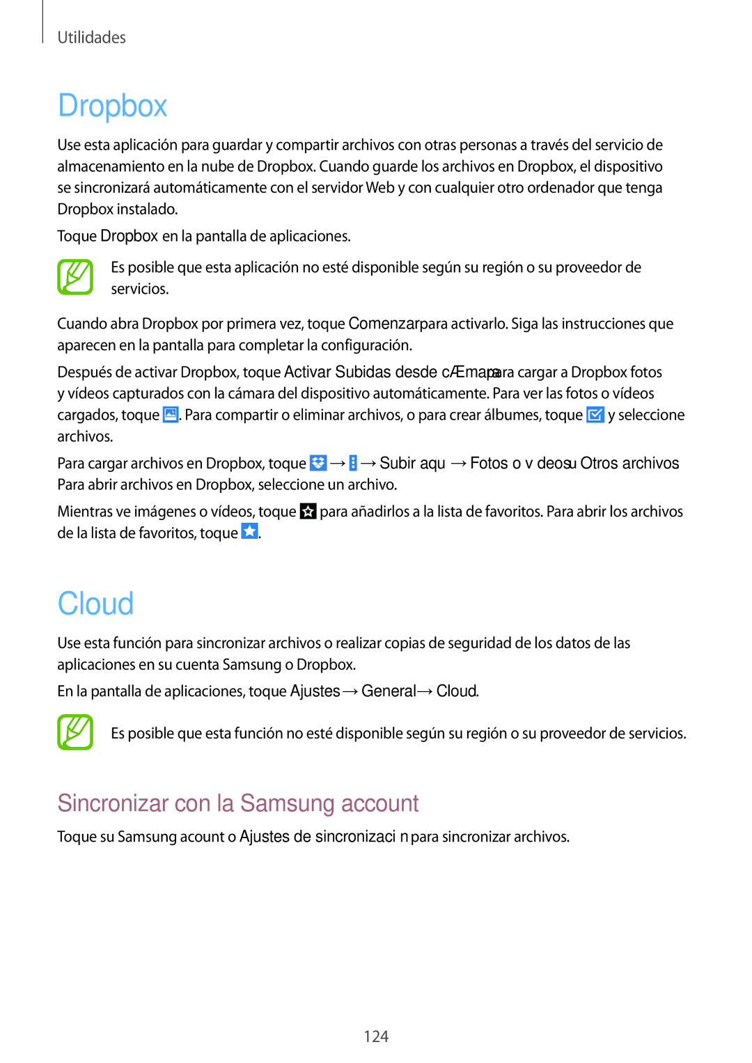 Samsung SM-T325NZWAPHE, SM-T325NZKAPHE manual Dropbox, Cloud, Sincronizar con la Samsung account 