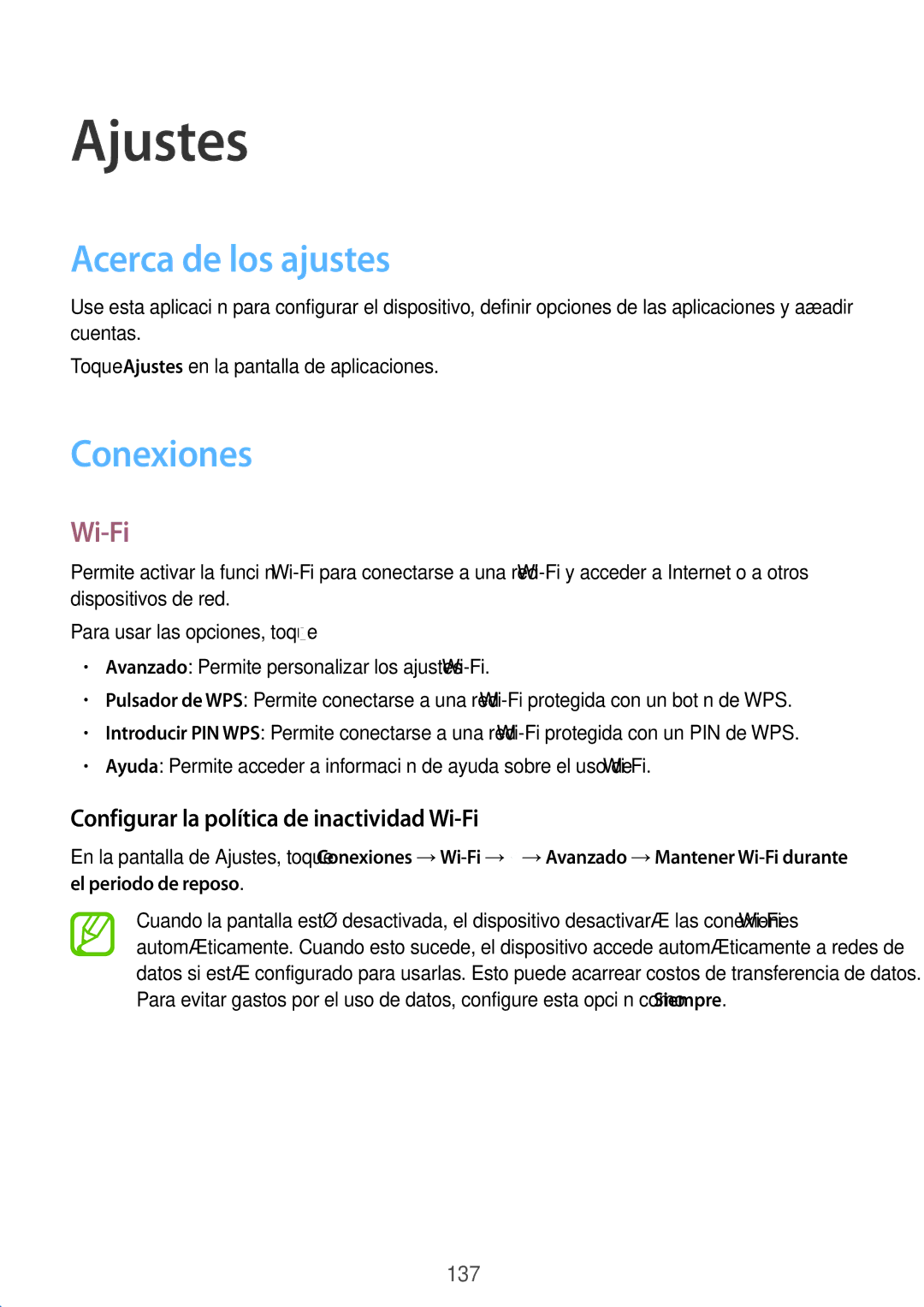 Samsung SM-T325NZKAPHE, SM-T325NZWAPHE Acerca de los ajustes, Conexiones, Configurar la política de inactividad Wi-Fi 