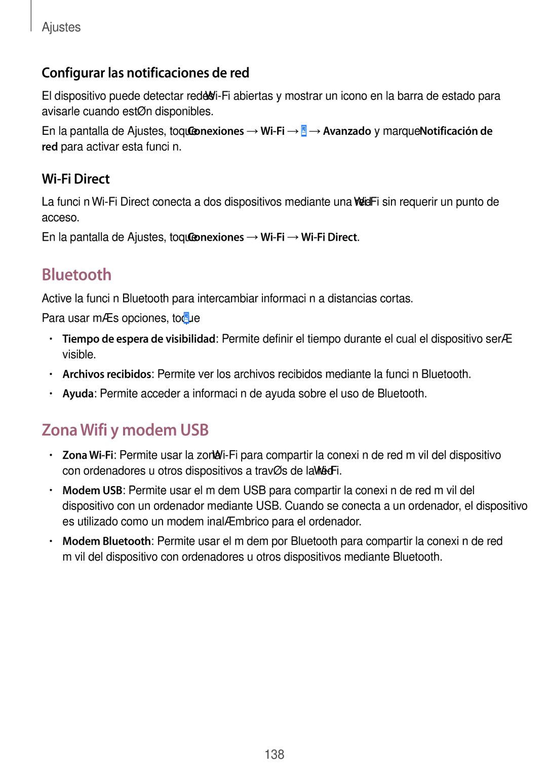 Samsung SM-T325NZWAPHE manual Bluetooth, Zona Wifi y modem USB, Configurar las notificaciones de red, Wi-Fi Direct 