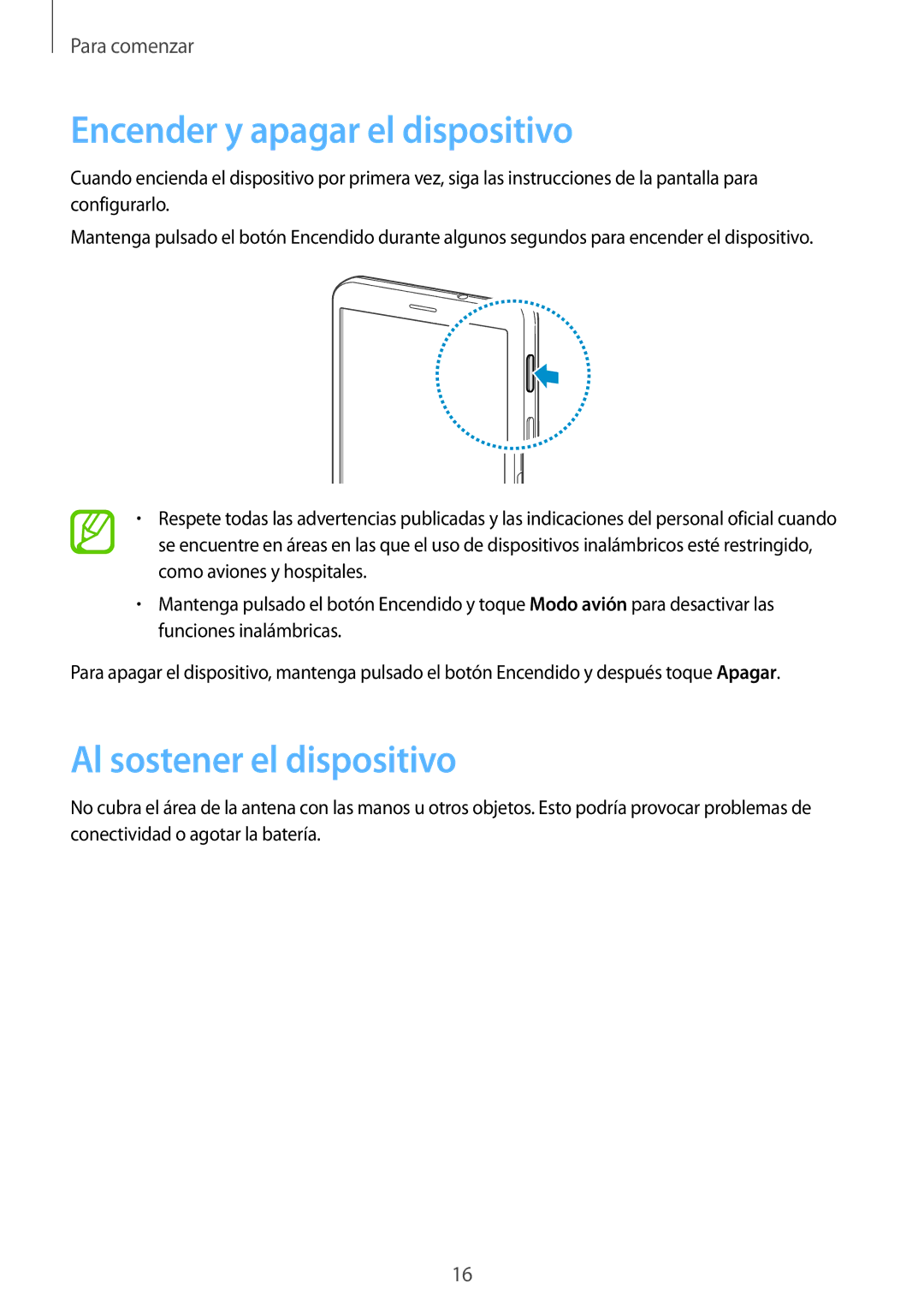 Samsung SM-T325NZWAPHE, SM-T325NZKAPHE manual Encender y apagar el dispositivo, Al sostener el dispositivo 