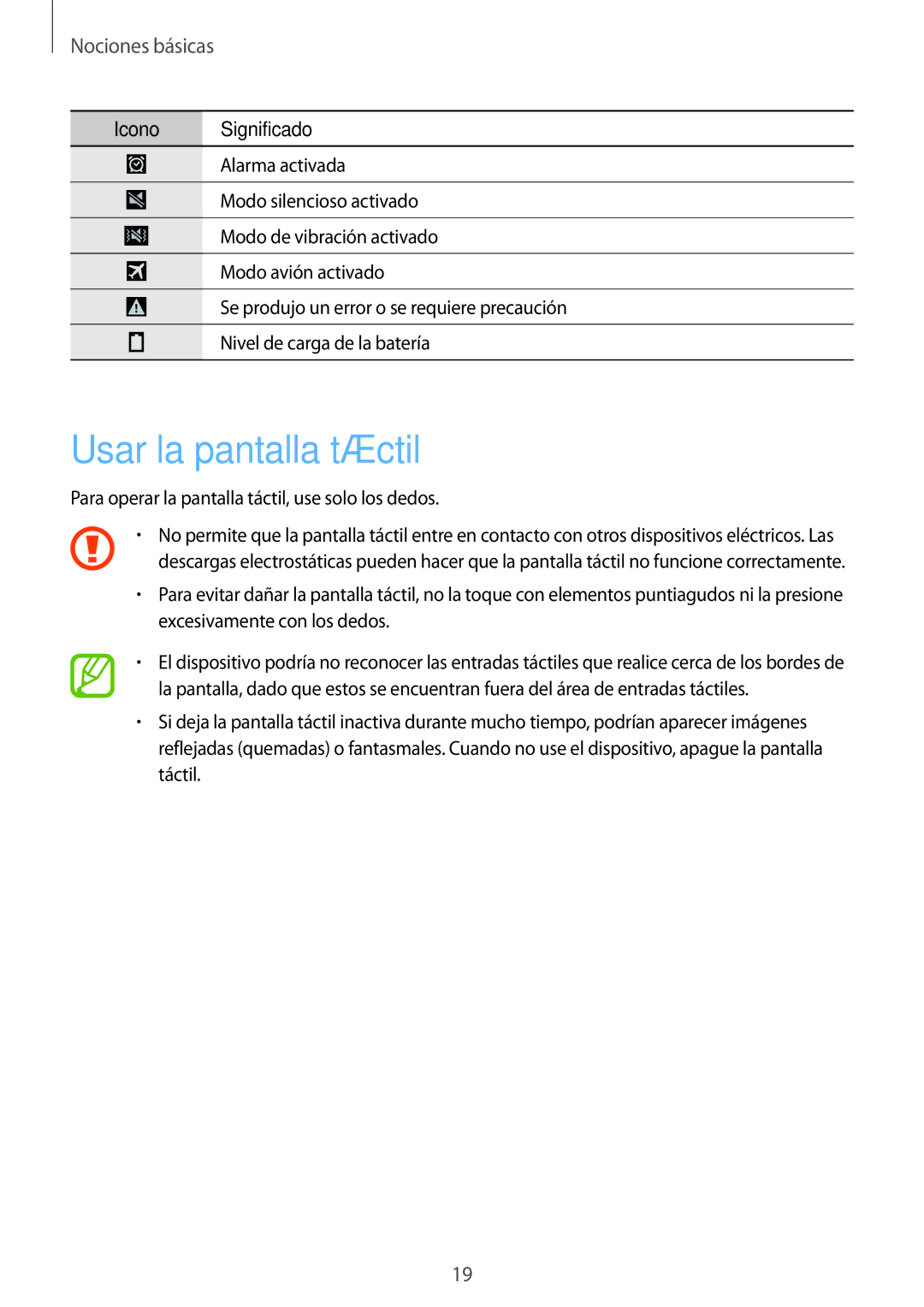 Samsung SM-T325NZKAPHE, SM-T325NZWAPHE manual Usar la pantalla táctil, Nociones básicas 