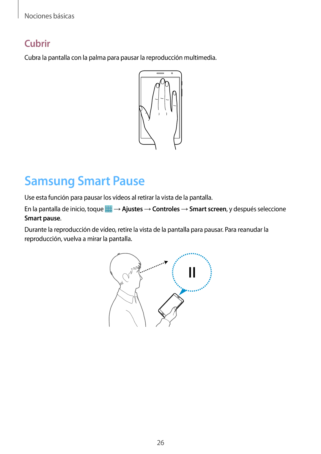 Samsung SM-T325NZWAPHE, SM-T325NZKAPHE manual Samsung Smart Pause, Cubrir 