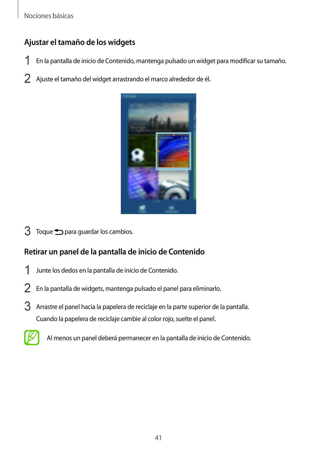 Samsung SM-T325NZKAPHE manual Ajustar el tamaño de los widgets, Retirar un panel de la pantalla de inicio de Contenido 