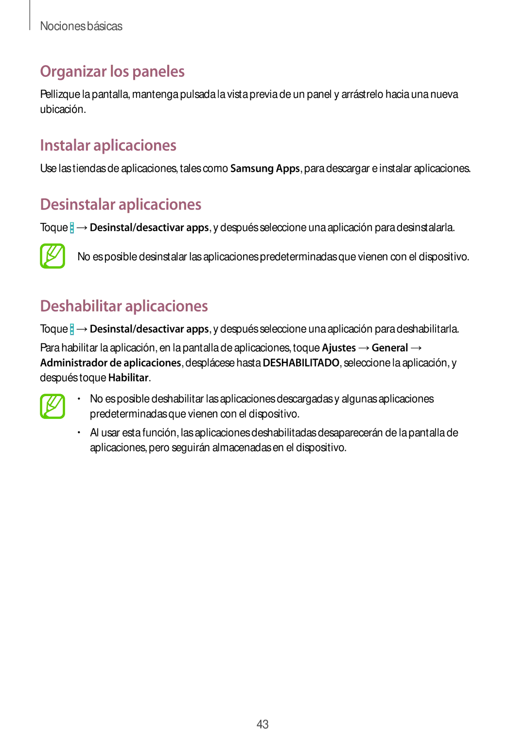 Samsung SM-T325NZKAPHE Organizar los paneles, Instalar aplicaciones, Desinstalar aplicaciones, Deshabilitar aplicaciones 