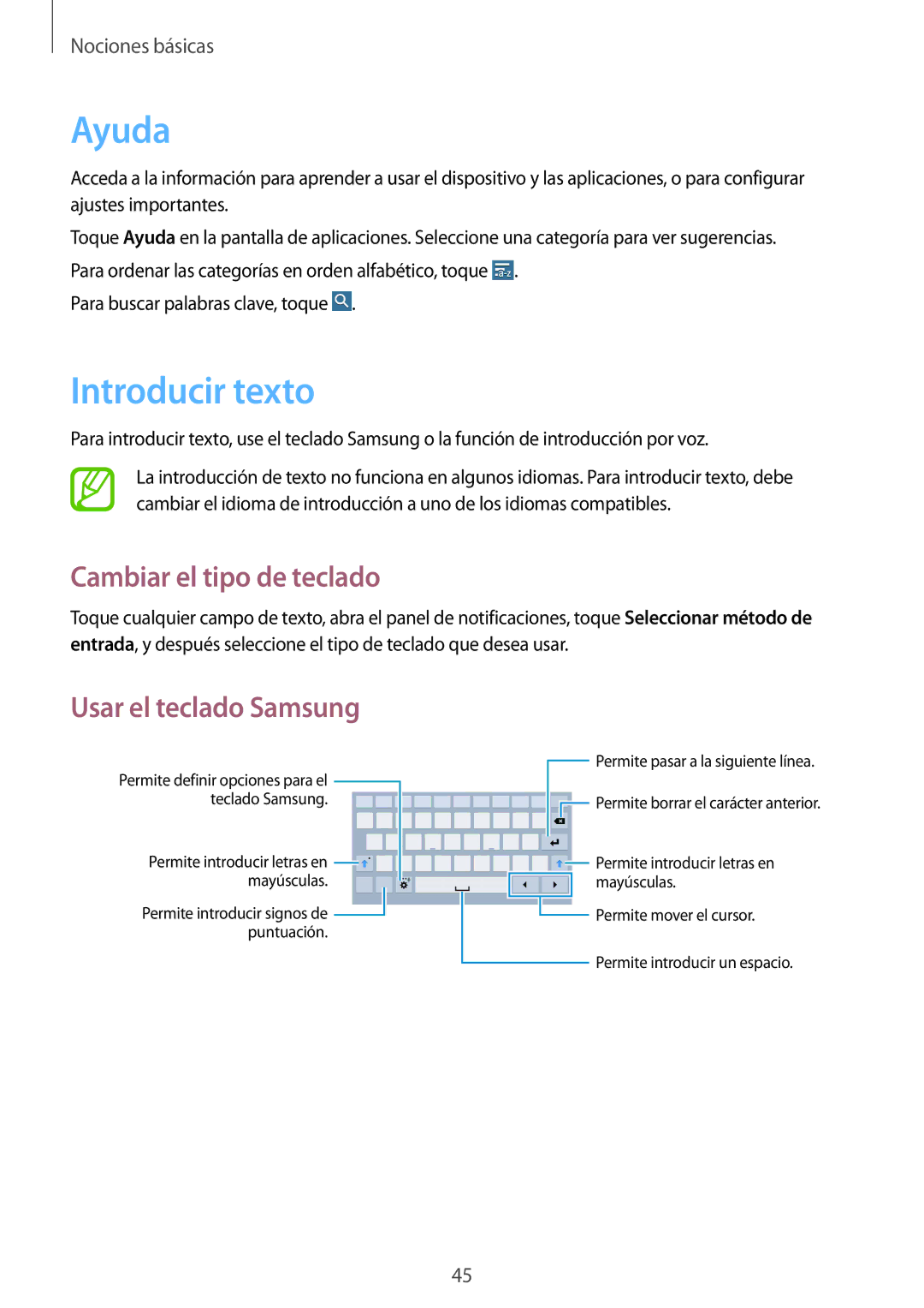 Samsung SM-T325NZKAPHE, SM-T325NZWAPHE manual Ayuda, Introducir texto, Cambiar el tipo de teclado, Usar el teclado Samsung 