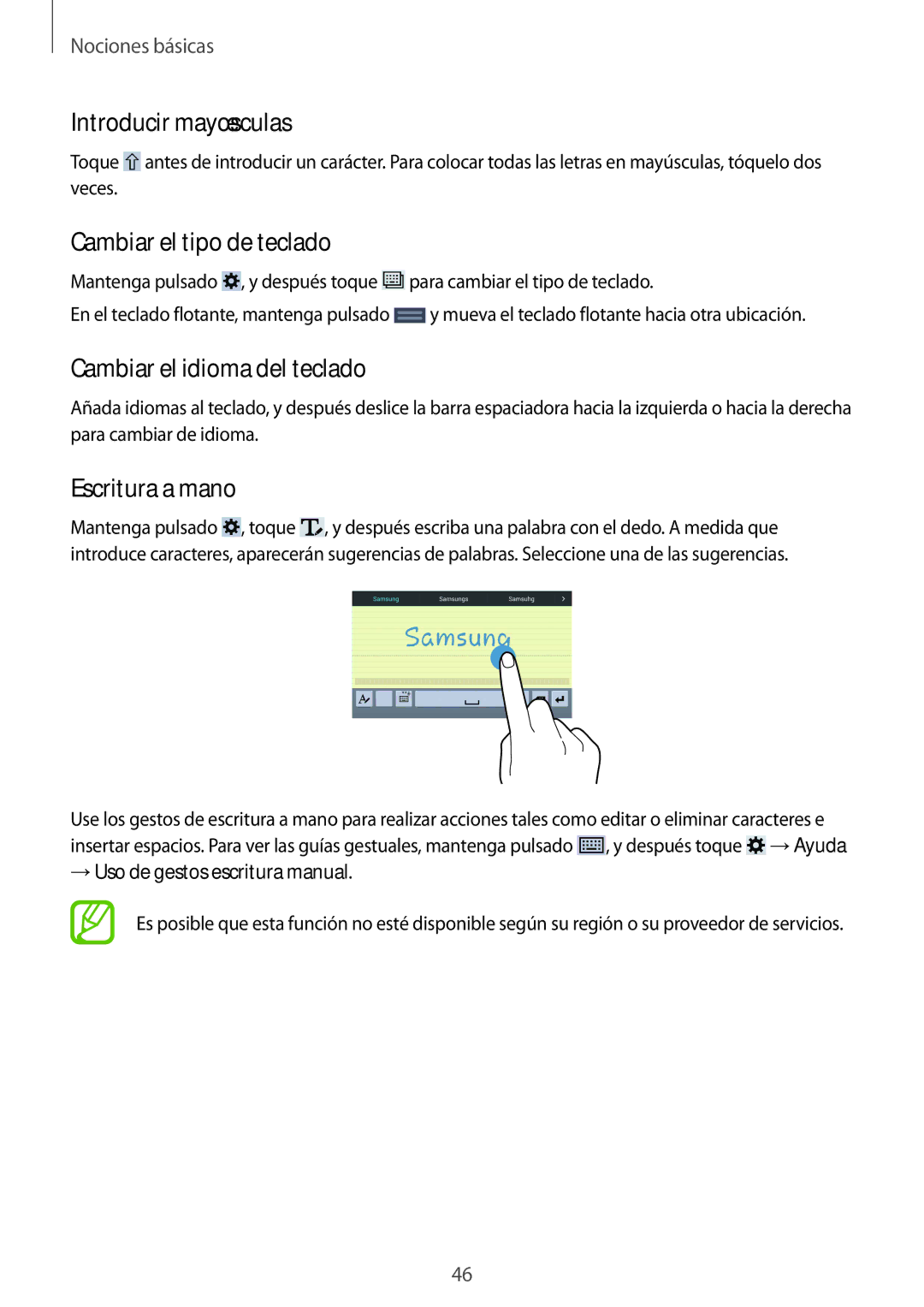 Samsung SM-T325NZWAPHE Introducir mayúsculas, Cambiar el tipo de teclado, Cambiar el idioma del teclado, Escritura a mano 