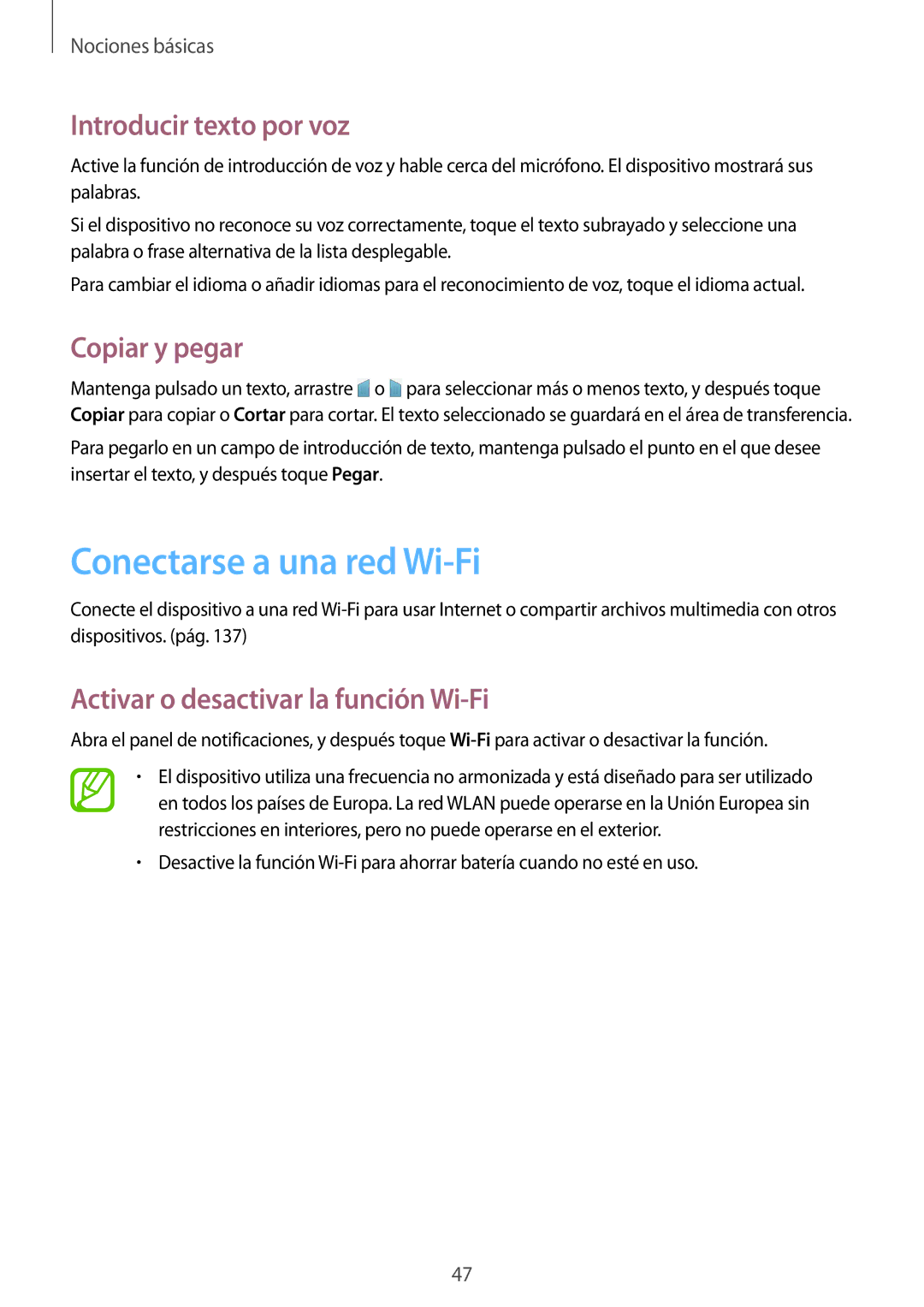 Samsung SM-T325NZKAPHE, SM-T325NZWAPHE manual Conectarse a una red Wi-Fi, Introducir texto por voz, Copiar y pegar 