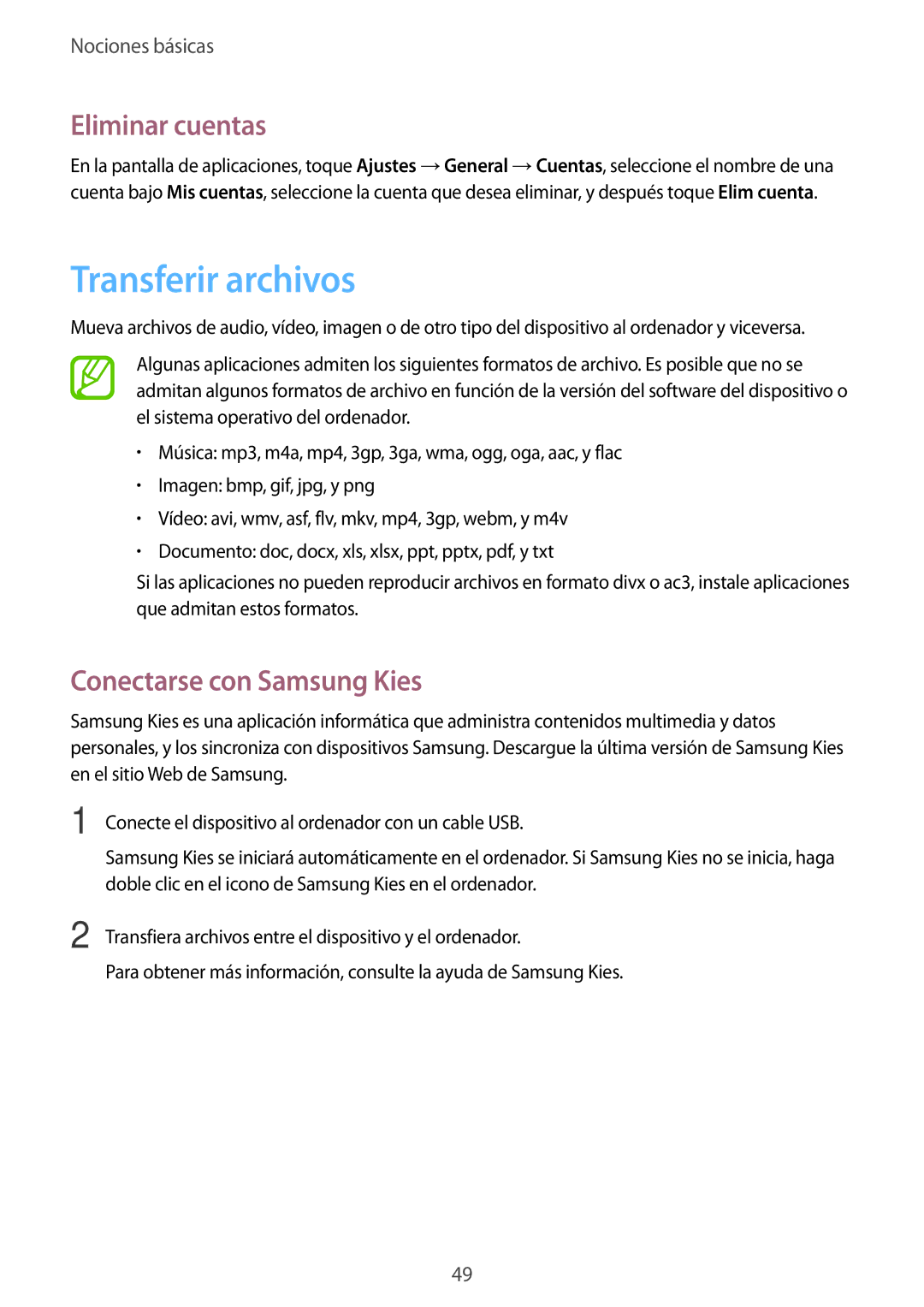 Samsung SM-T325NZKAPHE, SM-T325NZWAPHE manual Transferir archivos, Eliminar cuentas, Conectarse con Samsung Kies 