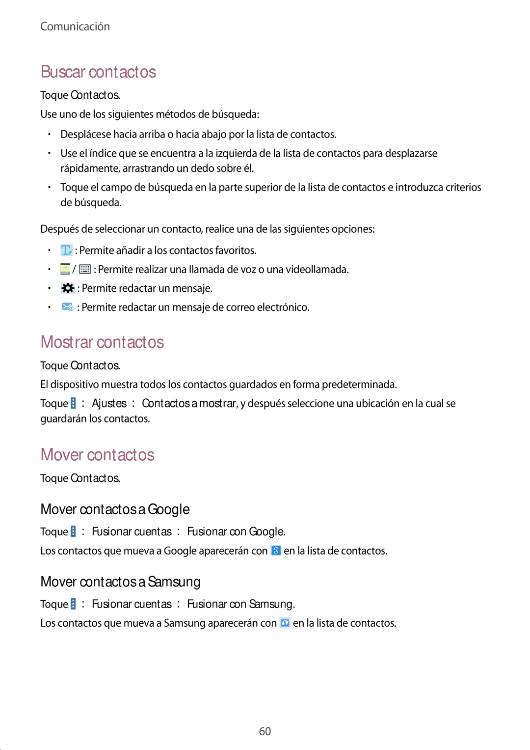 Samsung SM-T325NZWAPHE manual Buscar contactos, Mostrar contactos, Mover contactos a Google, Mover contactos a Samsung 