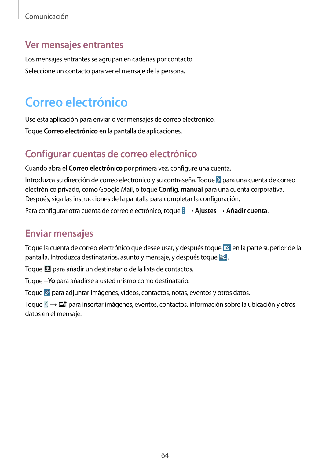 Samsung SM-T325NZWAPHE manual Correo electrónico, Ver mensajes entrantes, Configurar cuentas de correo electrónico 