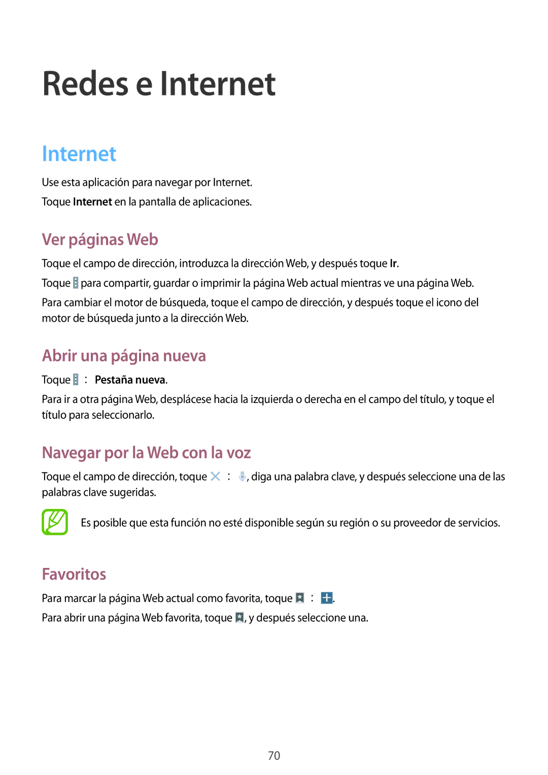 Samsung SM-T325NZWAPHE manual Internet, Ver páginas Web, Abrir una página nueva, Navegar por la Web con la voz, Favoritos 