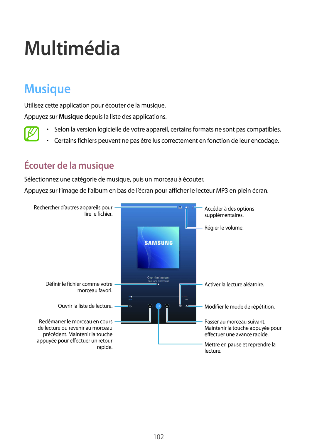 Samsung SM-T325NZWAXEF manual Musique, Écouter de la musique 