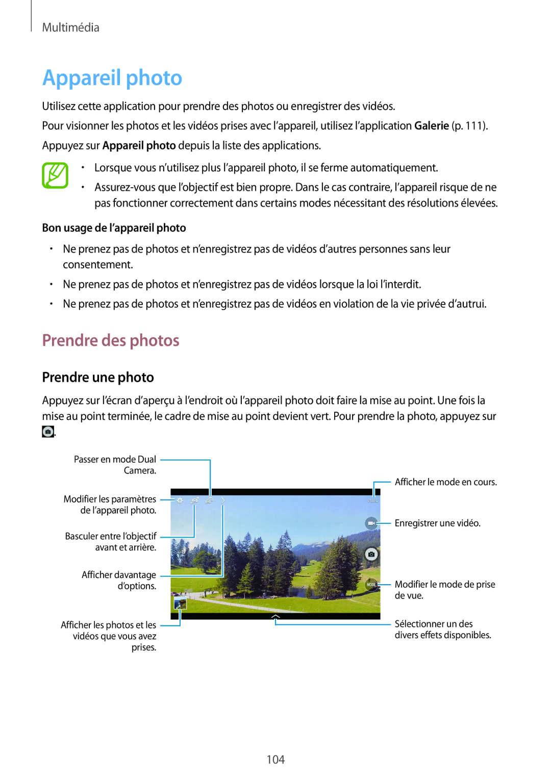 Samsung SM-T325NZWAXEF manual Appareil photo, Prendre des photos, Prendre une photo, Bon usage de l’appareil photo 