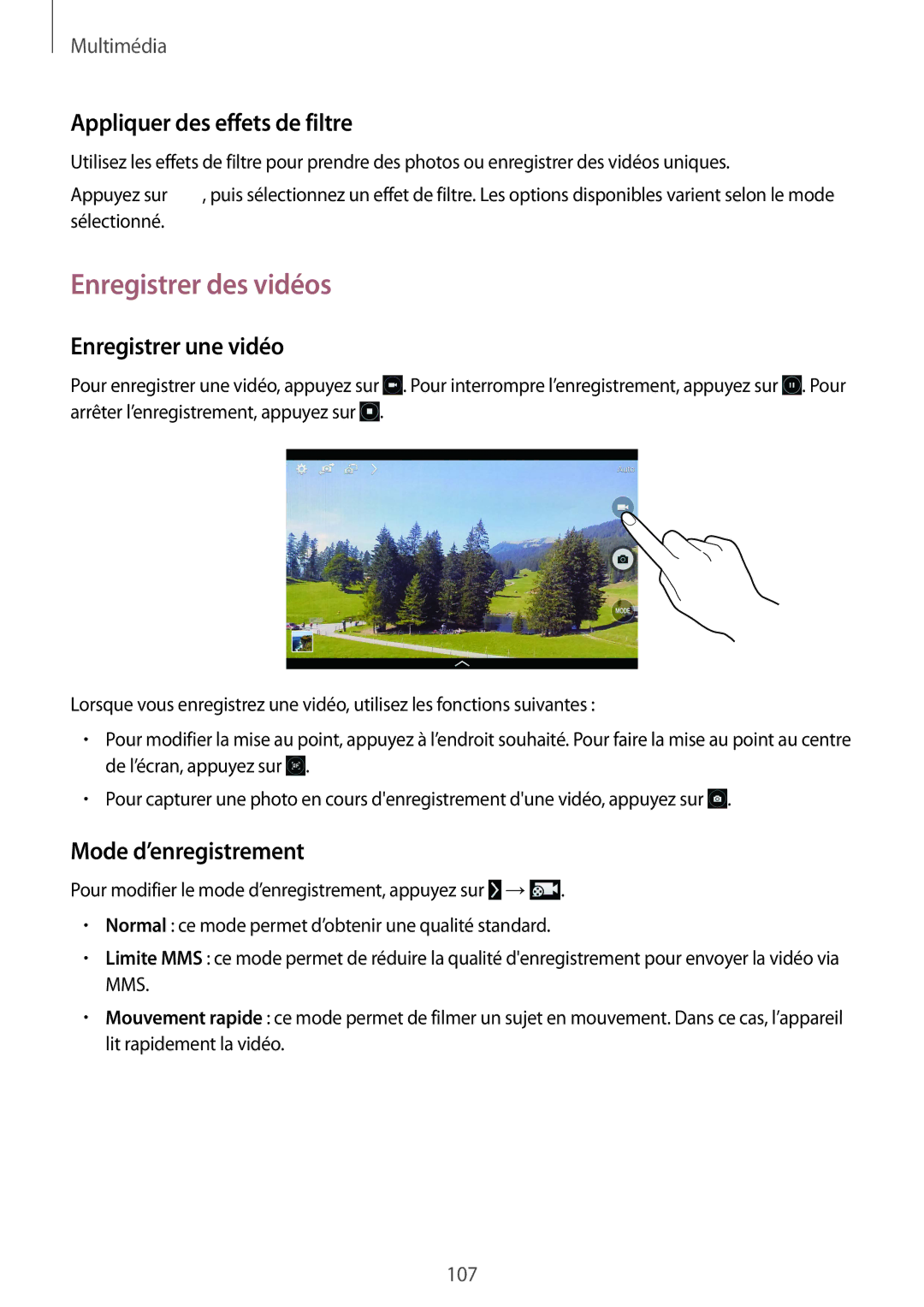 Samsung SM-T325NZWAXEF manual Enregistrer des vidéos, Appliquer des effets de filtre, Enregistrer une vidéo 