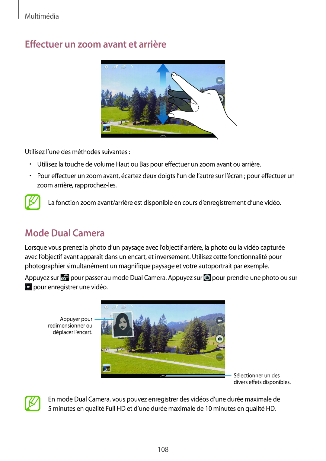 Samsung SM-T325NZWAXEF manual Effectuer un zoom avant et arrière, Mode Dual Camera 
