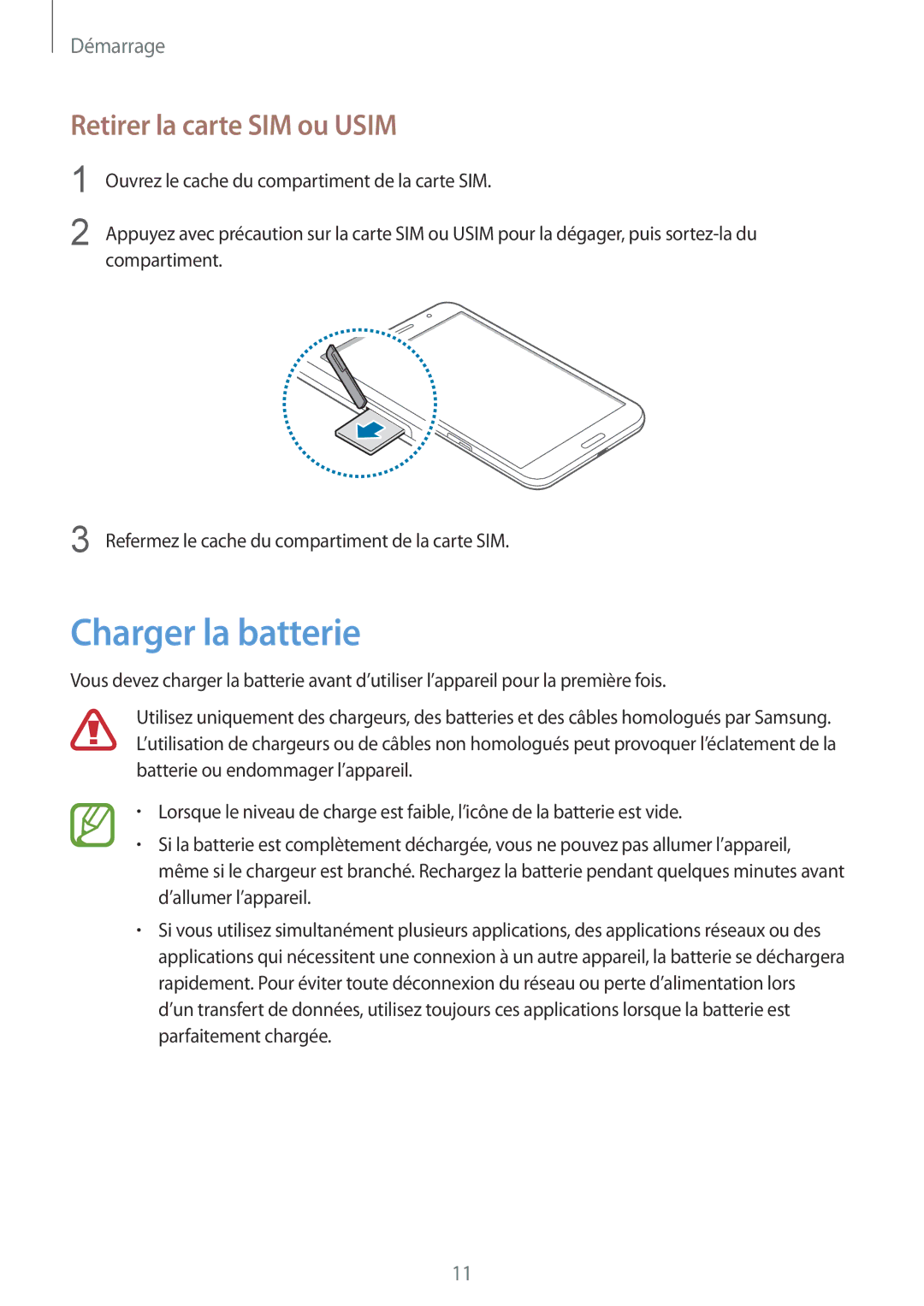 Samsung SM-T325NZWAXEF manual Charger la batterie, Retirer la carte SIM ou Usim 