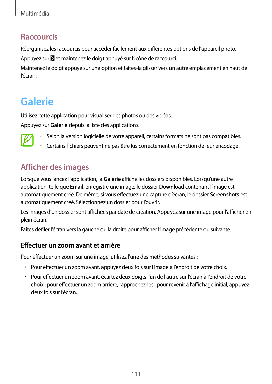 Samsung SM-T325NZWAXEF manual Galerie, Raccourcis, Afficher des images, Effectuer un zoom avant et arrière 