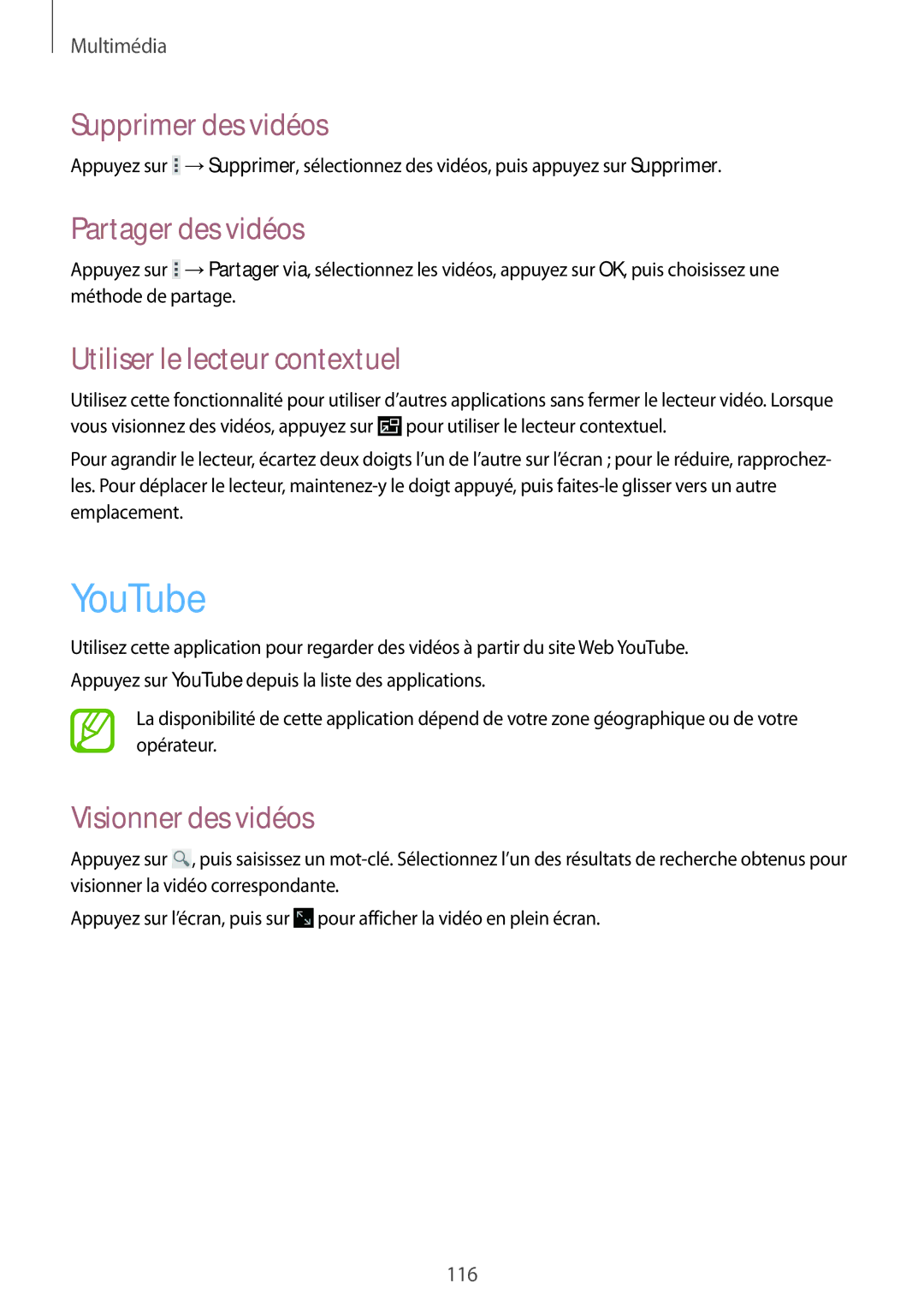 Samsung SM-T325NZWAXEF manual YouTube, Supprimer des vidéos, Partager des vidéos, Utiliser le lecteur contextuel 