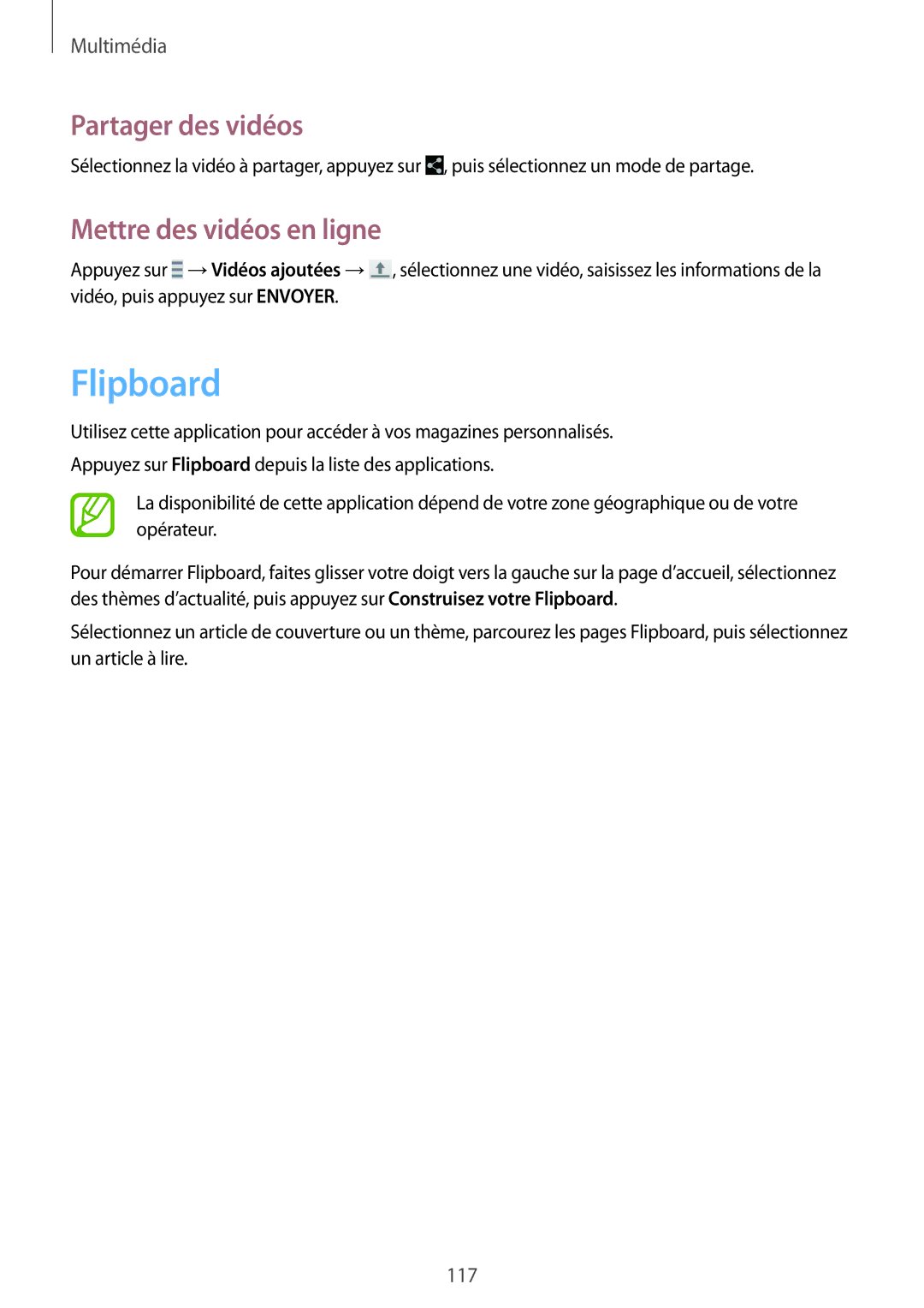 Samsung SM-T325NZWAXEF manual Flipboard, Mettre des vidéos en ligne 